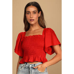 Lulus Your Sunshine Red Smocked Flutter Sleeve Top - Size M